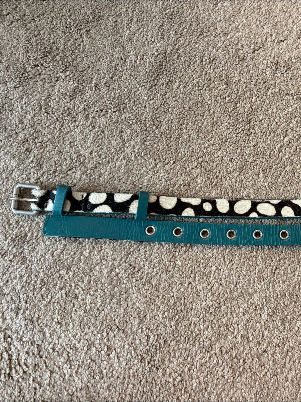 Boden Teal Leather Trim Black & White Haircalf Spot Belt